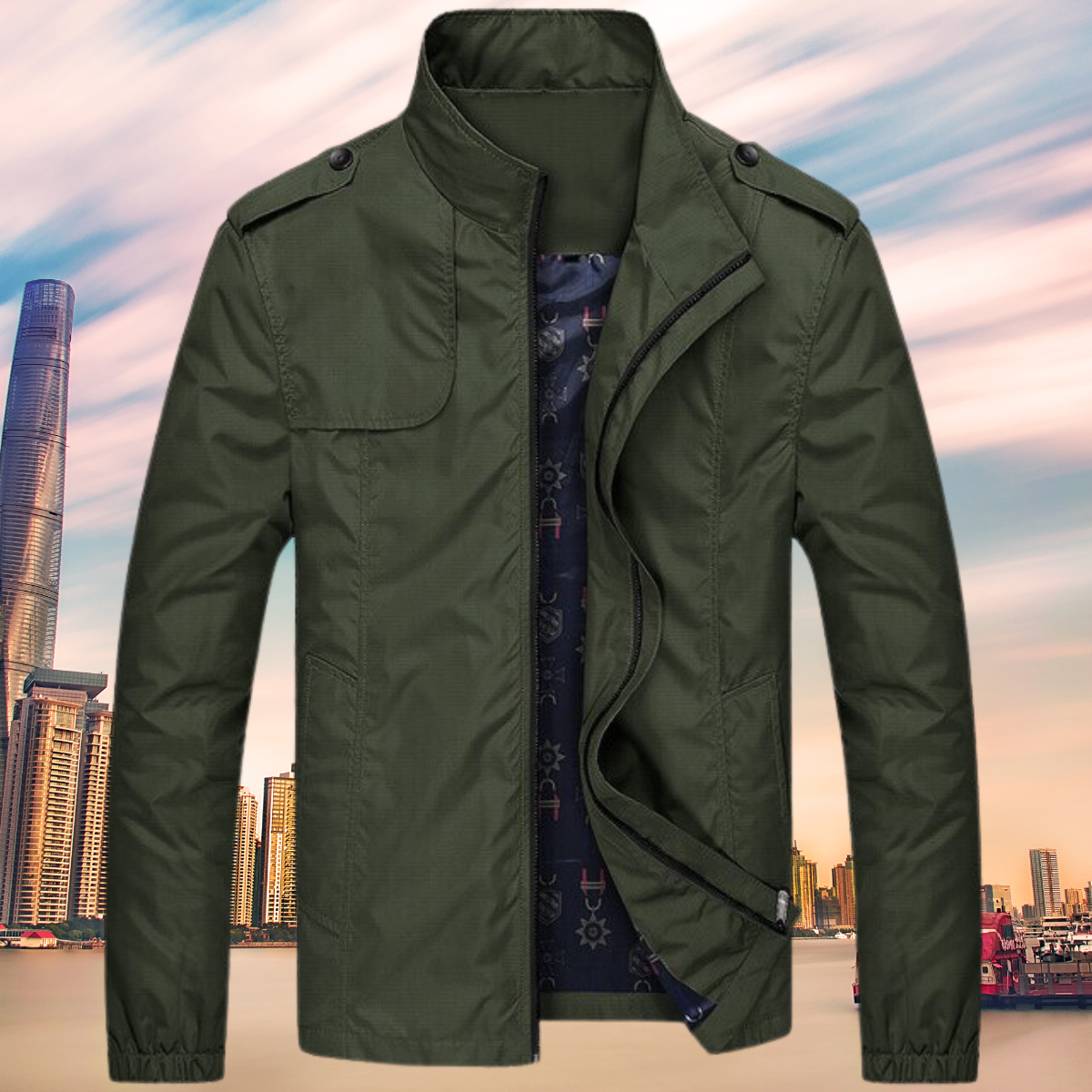 Windproof Men's Jacket with Collar - Camden-Green-M-Nora Luxe