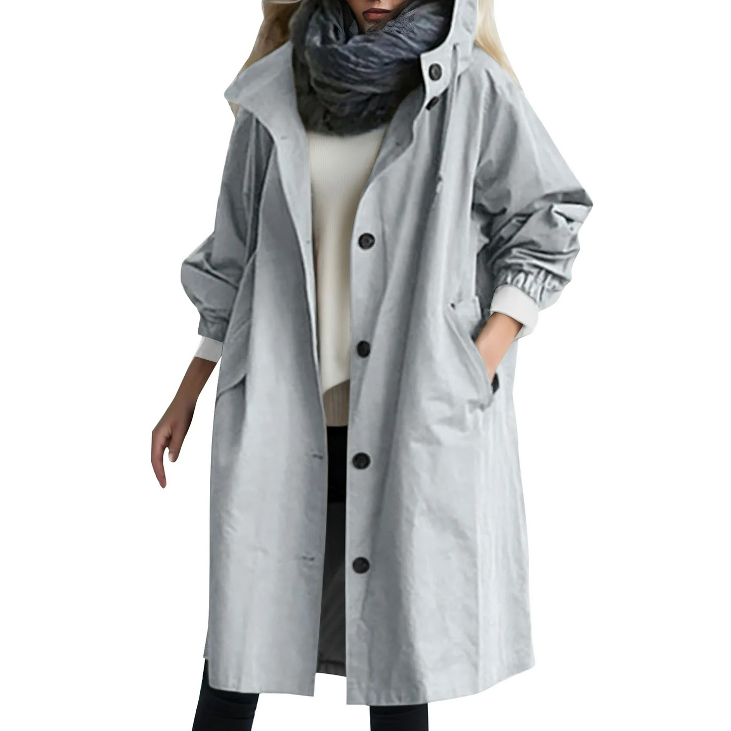 Windproof Women's Trench Coat with Hood - Luna-Light Gray-S-Nora Luxe