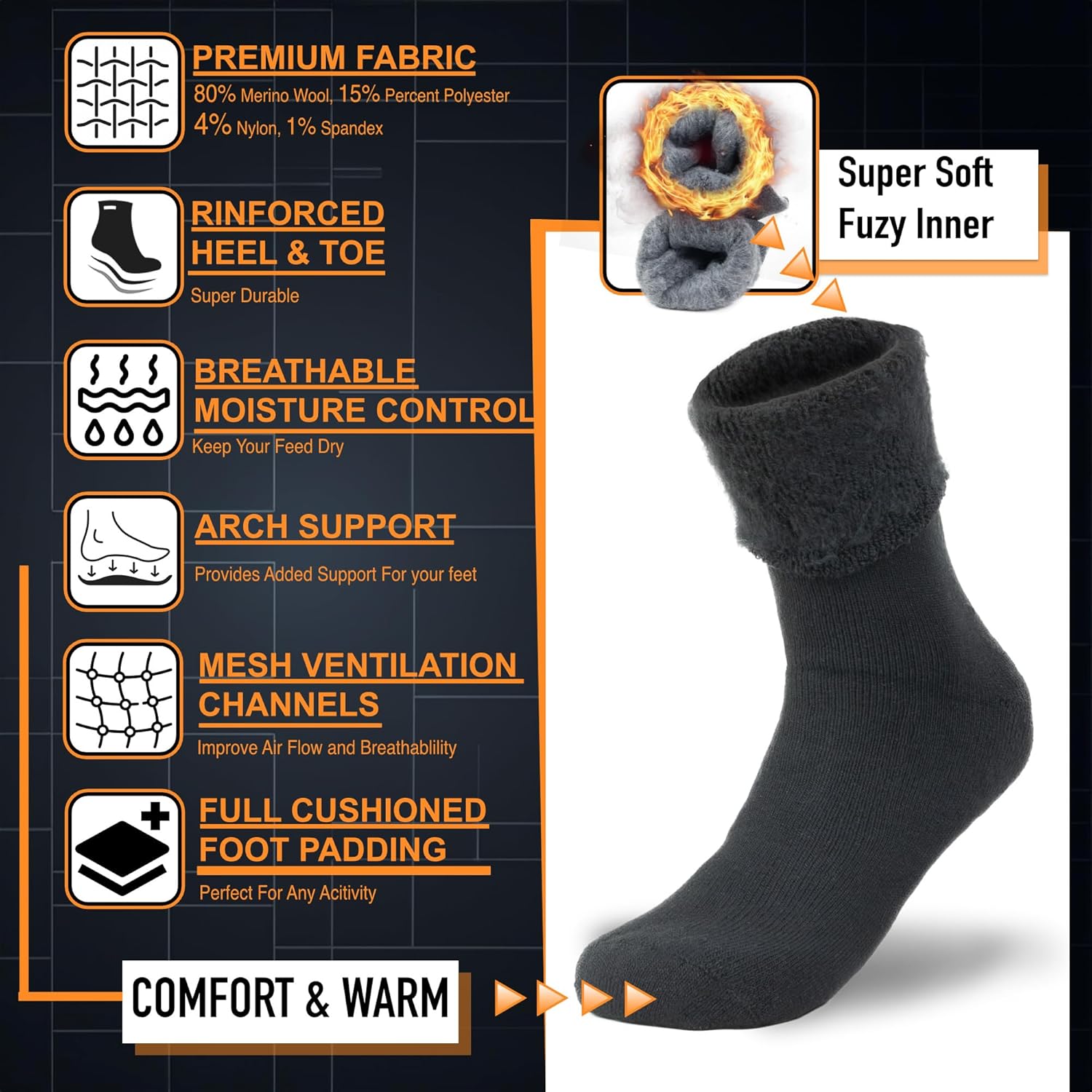 Winter Thermal Boot Socks - HeatGrip-6 pairs of mixed colours-Nora Luxe