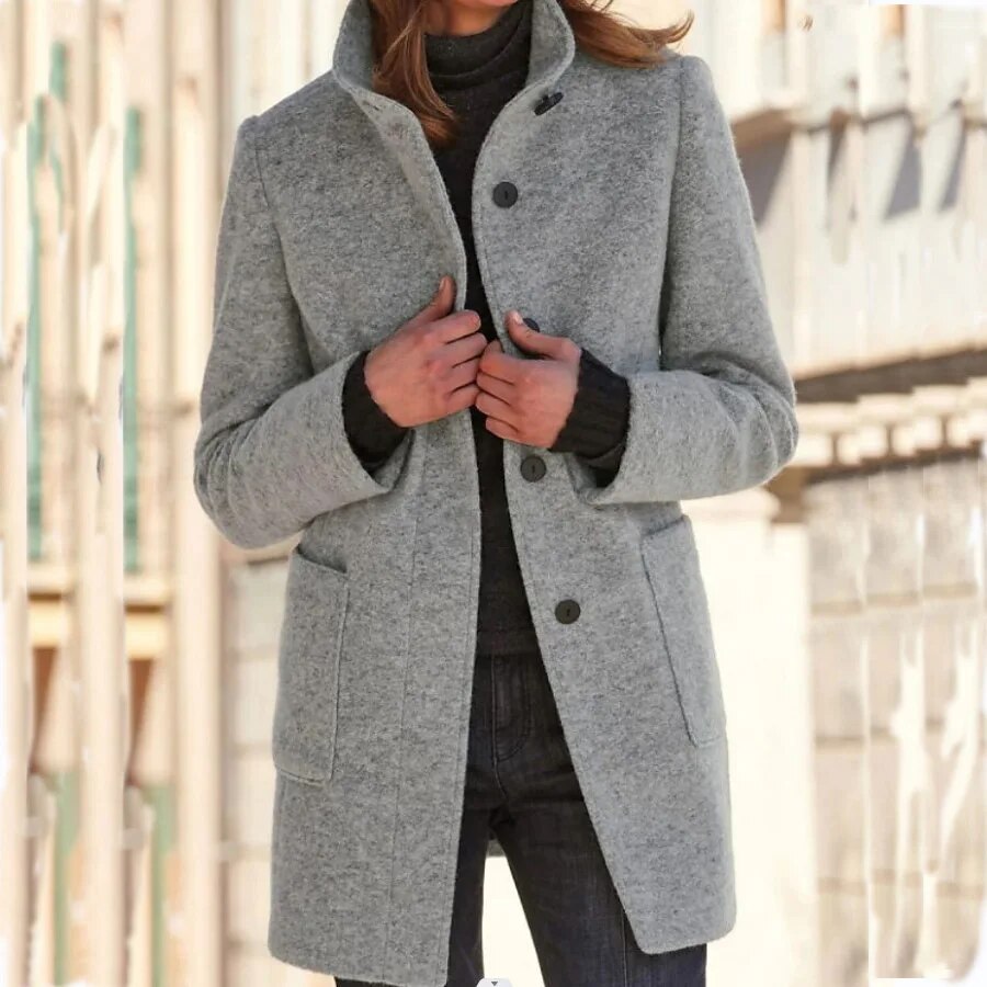 Warm Women's Button Front Wool Coat - Pexav